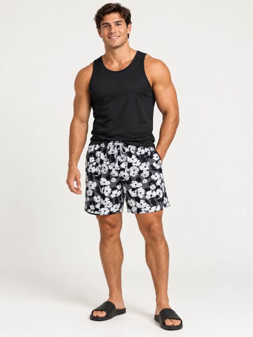 2/$30 Murano Black & White Floral Hybrid Swim Shorts